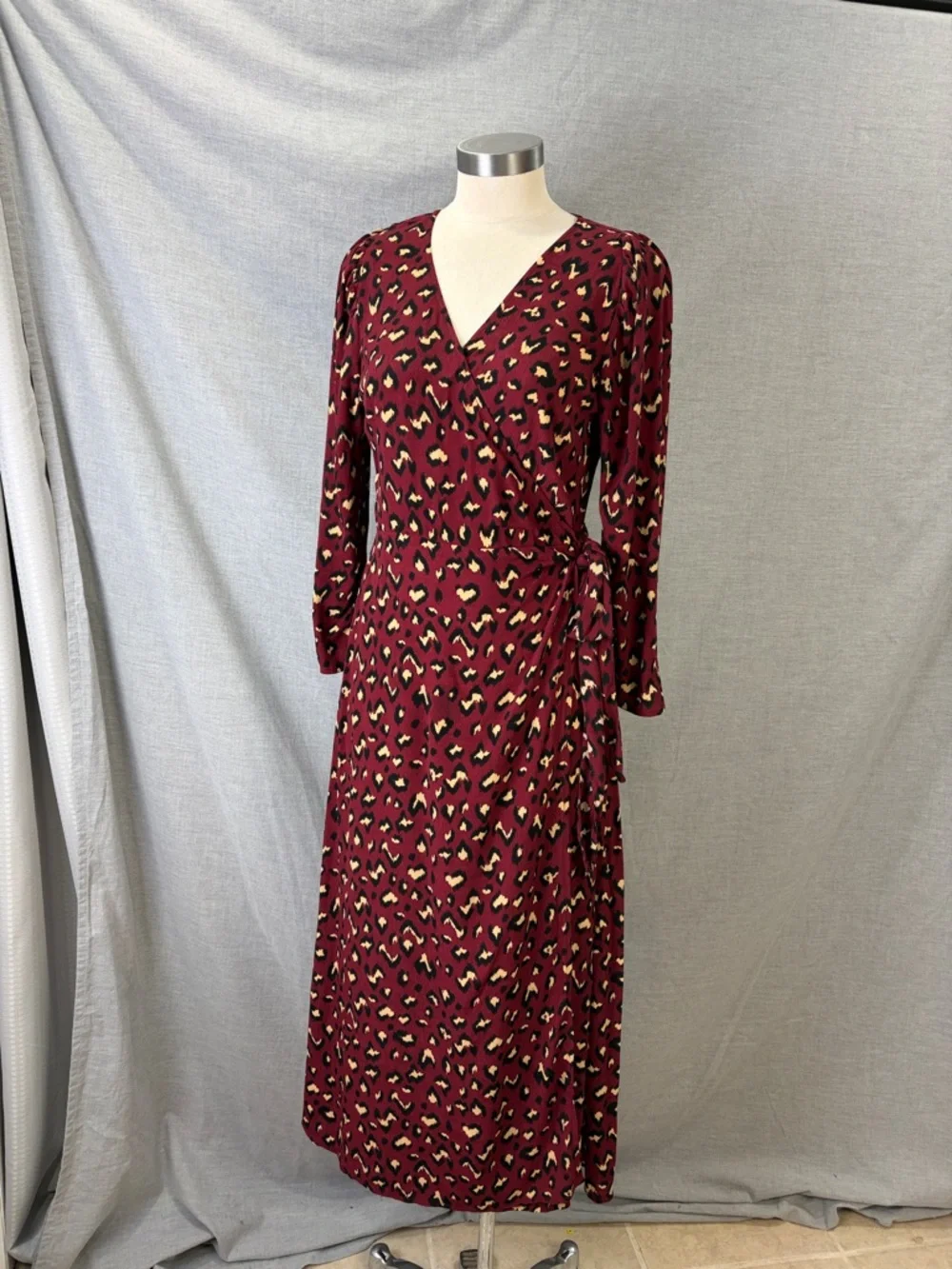 Cleobella Burgundy Leopard Print Wrap‎ Midi Dress 3/4 Sleeve Boho M